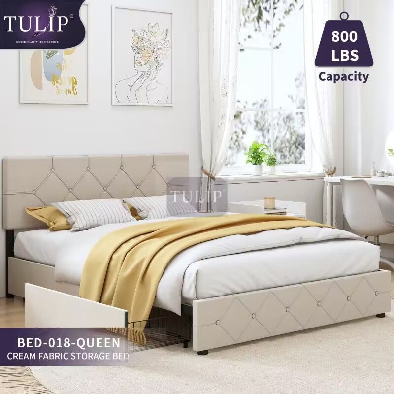 Cream fabric storage bed with 4 big drawers in queen size